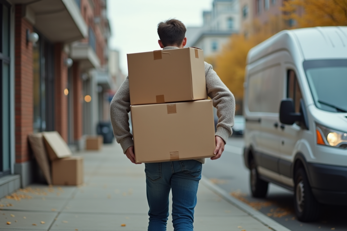 Homme portant des cartons vers une camionnette dans la rue