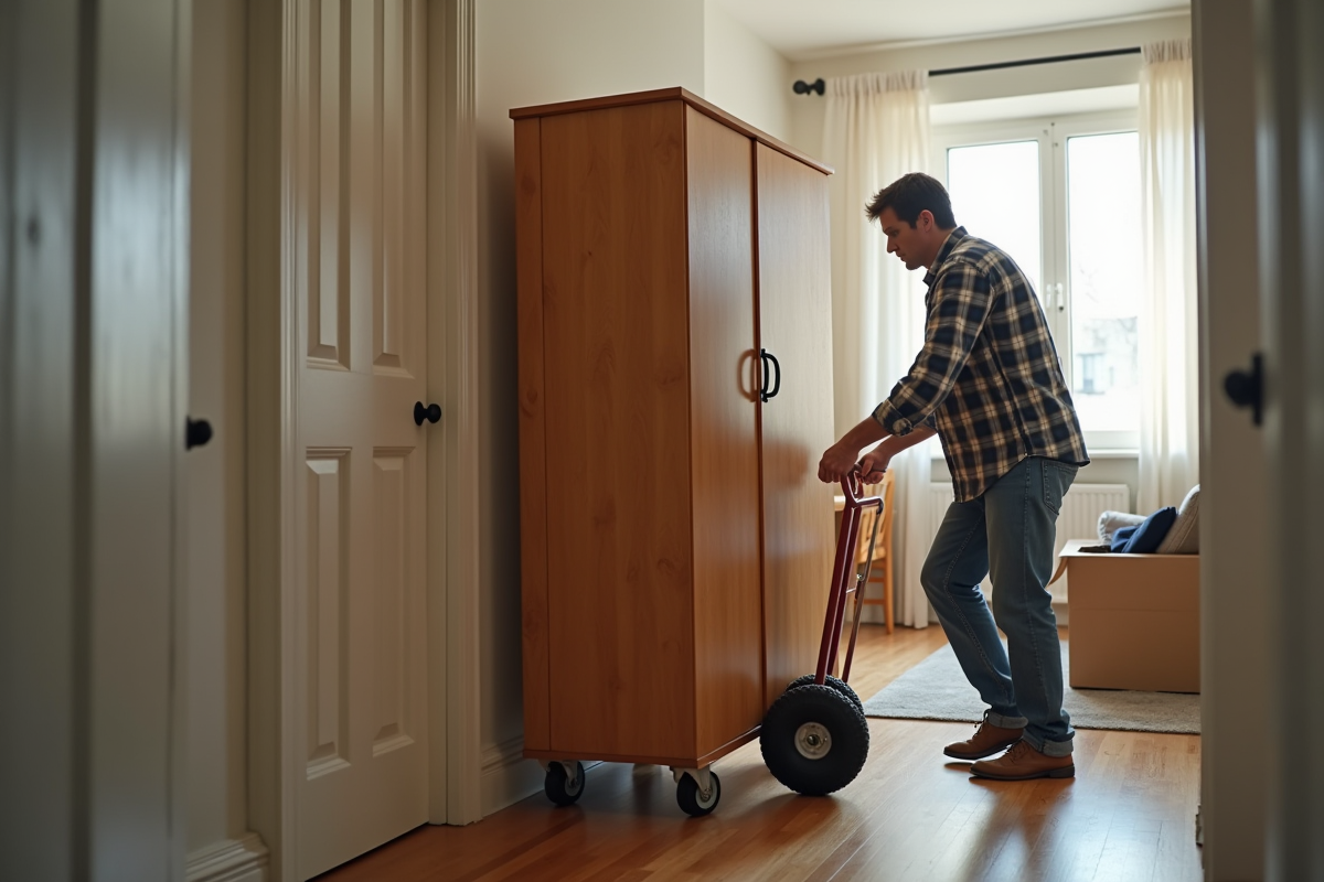 Homme d'âge moyen déplaçant une armoire en bois dans un couloir