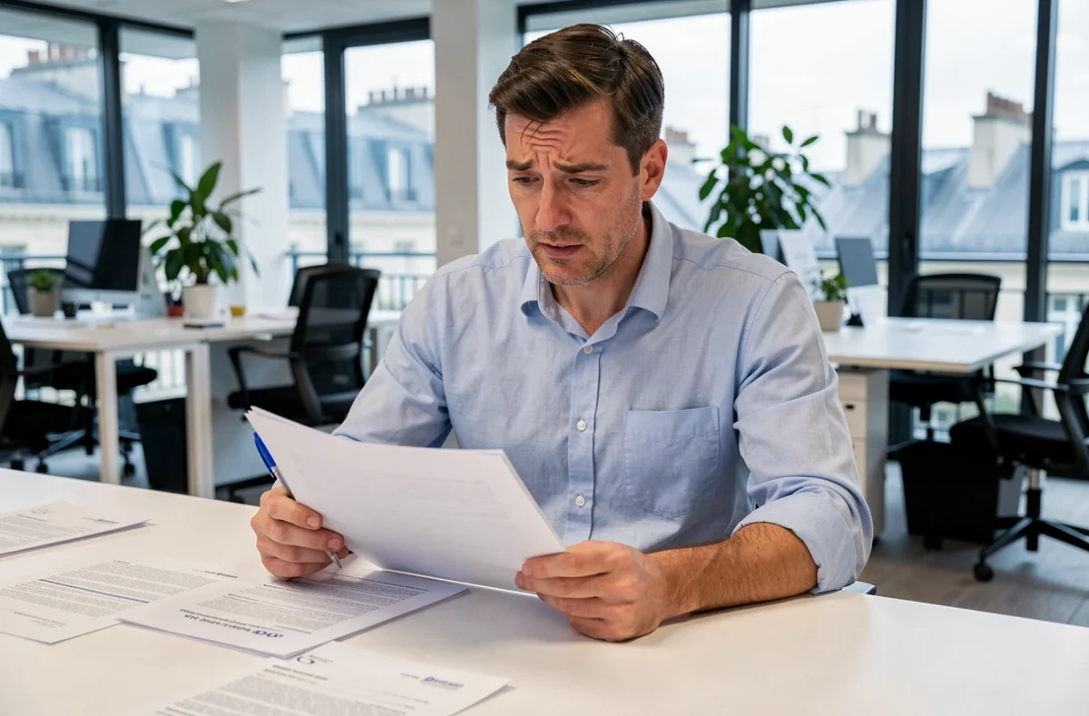 Homme consultant un dossier administratif incomplet pour une demande de logement social à Paris
