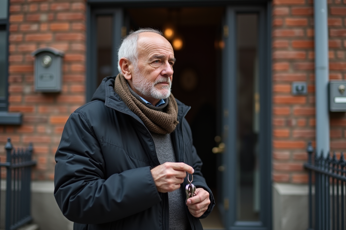 Homme avec clés devant un immeuble résidentiel urbain