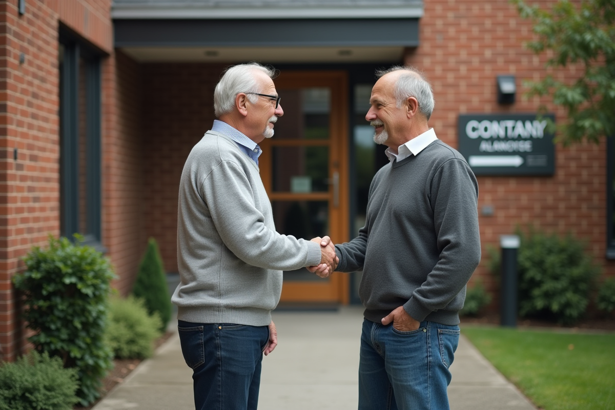 Homme âgé serre la main du propriétaire devant un immeuble