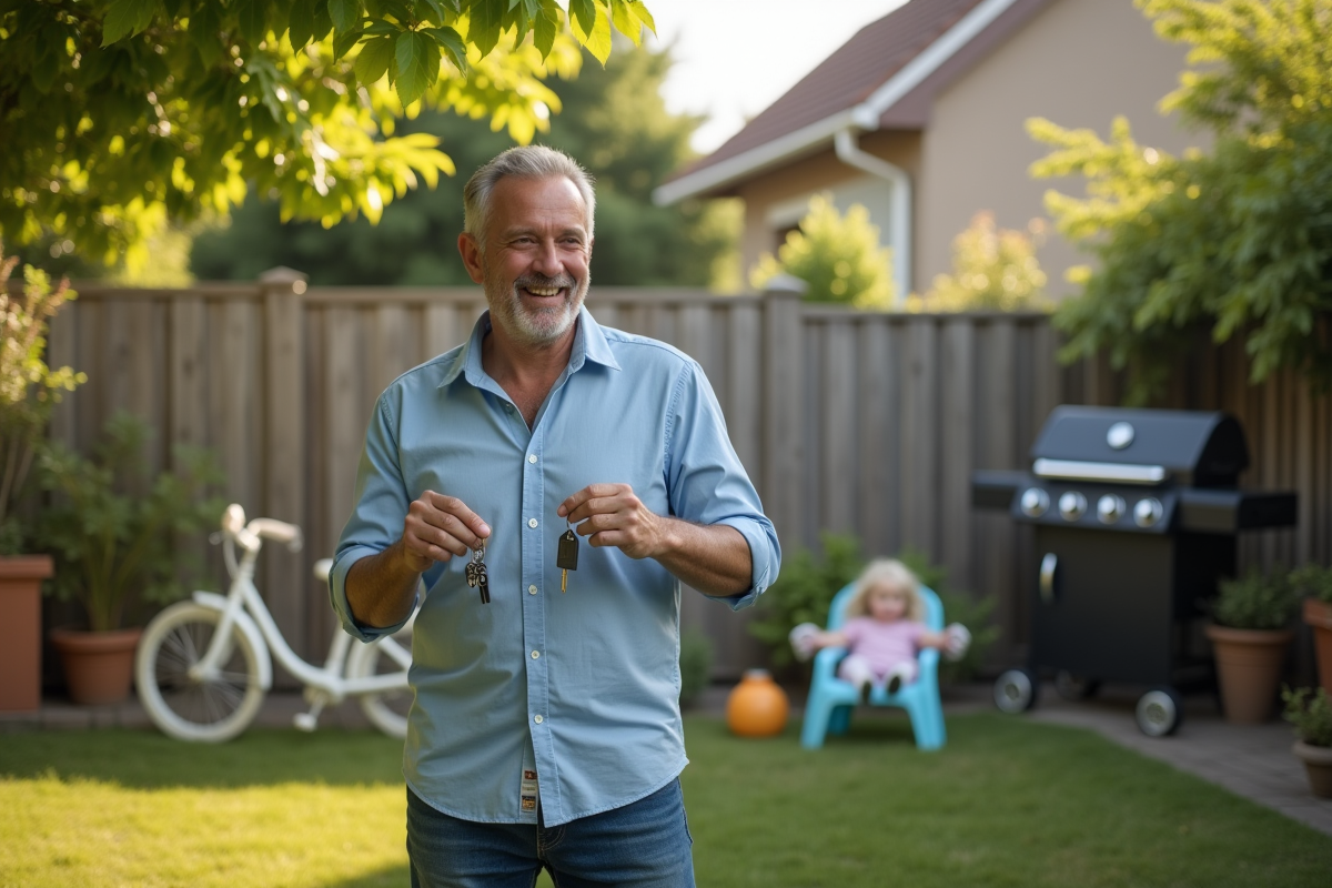 Homme souriant avec clés dans un jardin ensoleille