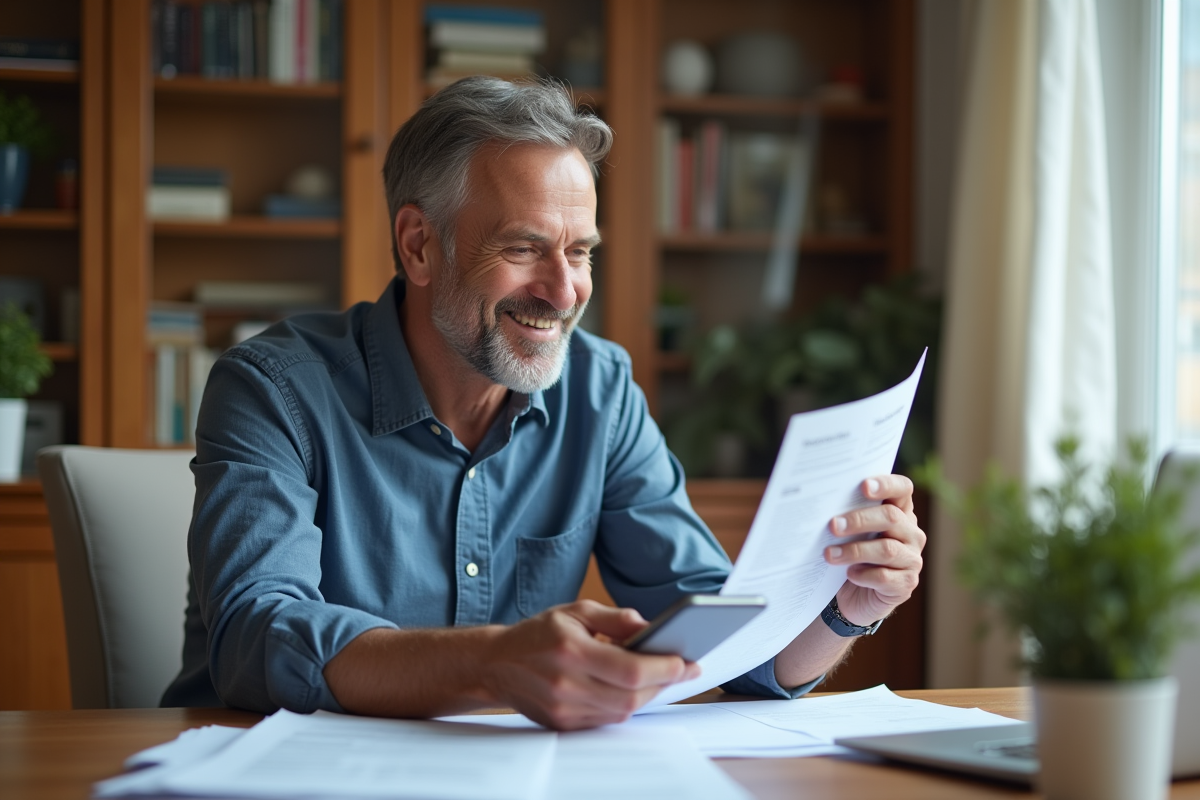 Homme d'âge moyen examinant des documents à la maison
