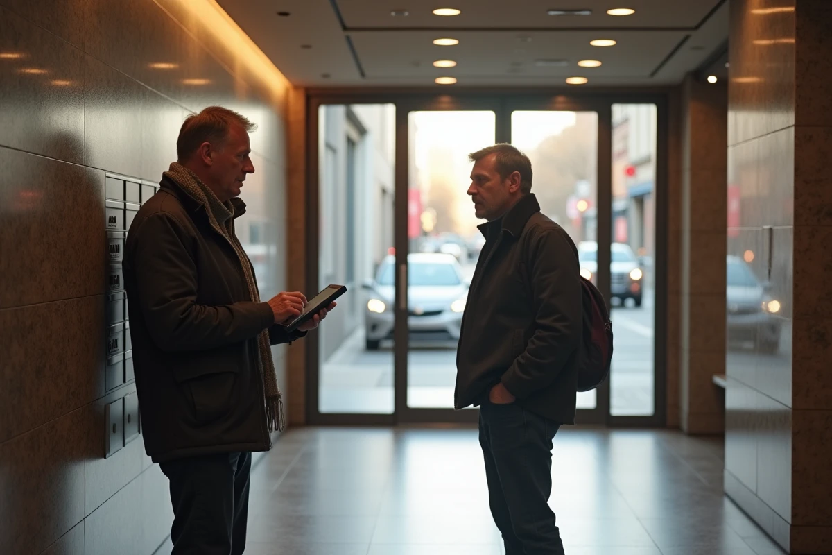 Homme regardant un annuaire dans le hall d un immeuble ancien
