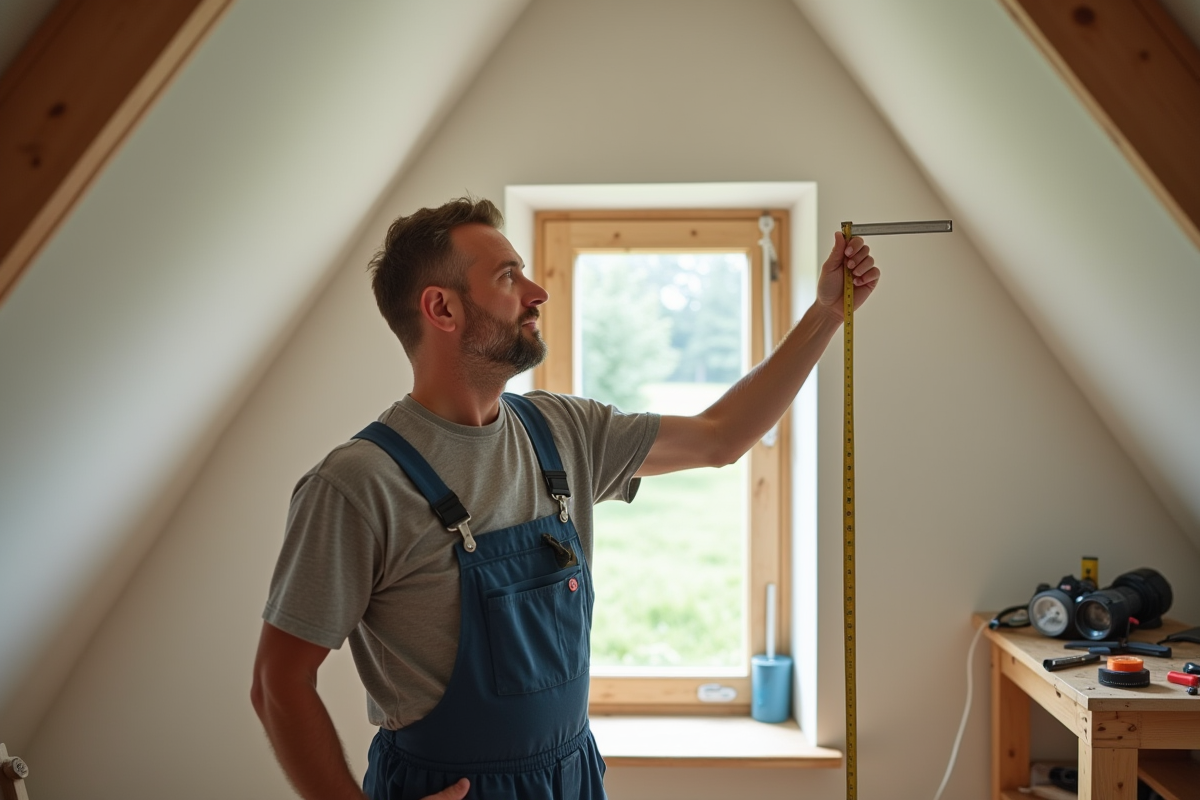 Homme mesurant un velux dans un grenier aménagé