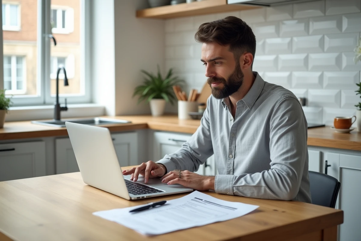 Homme consultant un modèle de pré-état daté gratuit sur ordinateur portable dans une cuisine moderne
