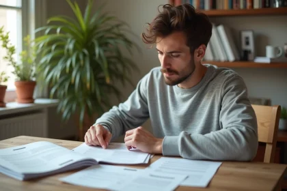 Jeune homme organisant des papiers dans la cuisine lumineuse