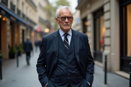 Homme age en costume navy dans une rue chic de Paris