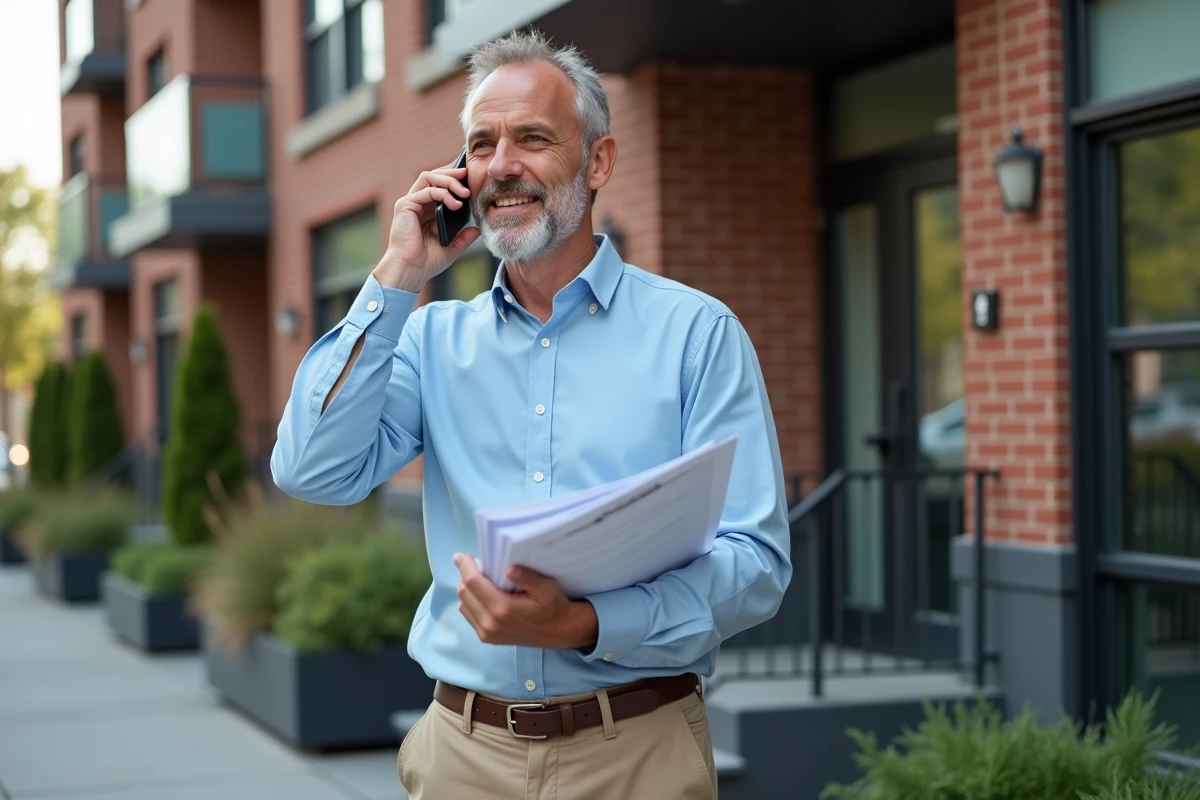 Homme discutant au téléphone devant un immeuble urbain