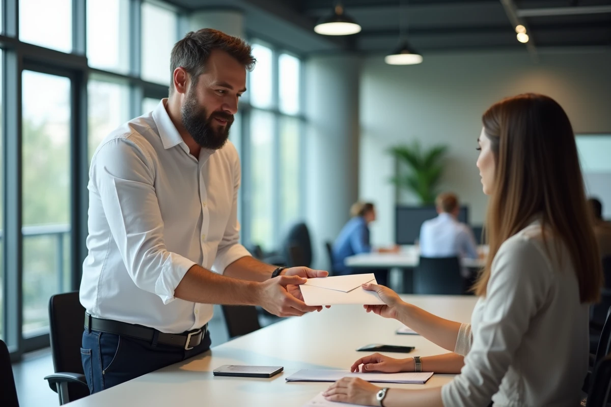Homme barbu donnant une enveloppe à une responsable RH dans un bureau moderne