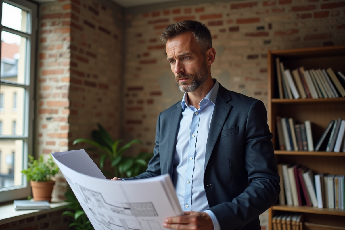 Homme d'âge moyen dans un bureau rénové en mode smart casual