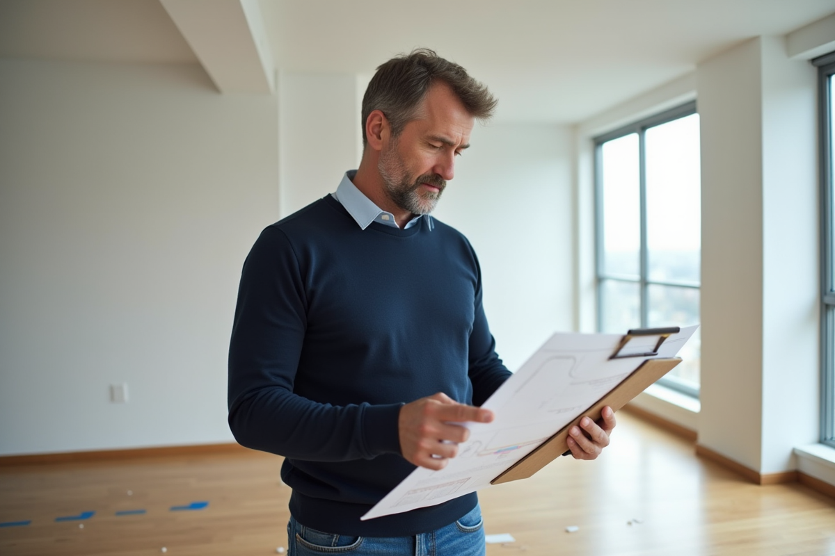 Homme d'âge moyen examinant des plans de rénovation dans un appartement moderne