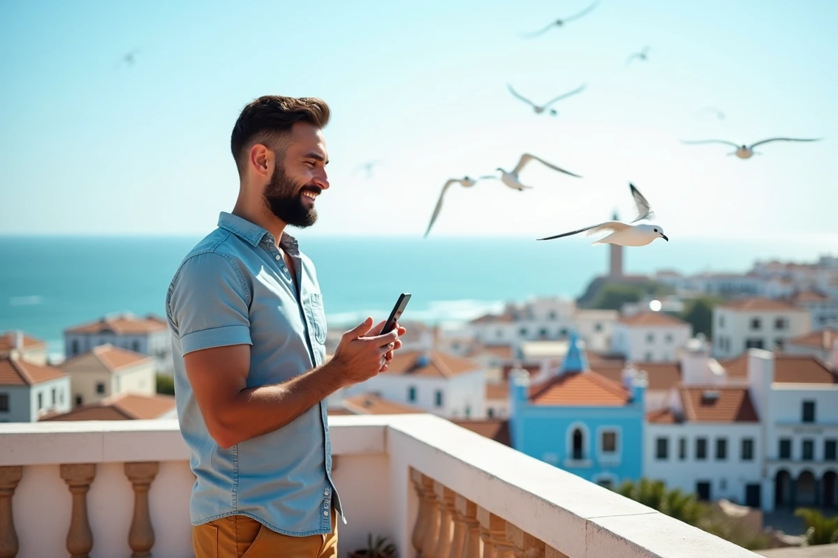 Homme souriant regardant la ville depuis une terrasse à Essaouira