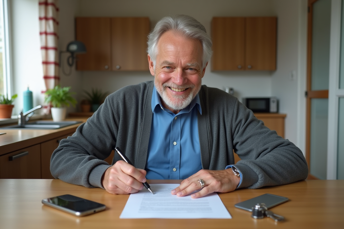Homme âgé signant un formulaire de location dans la cuisine