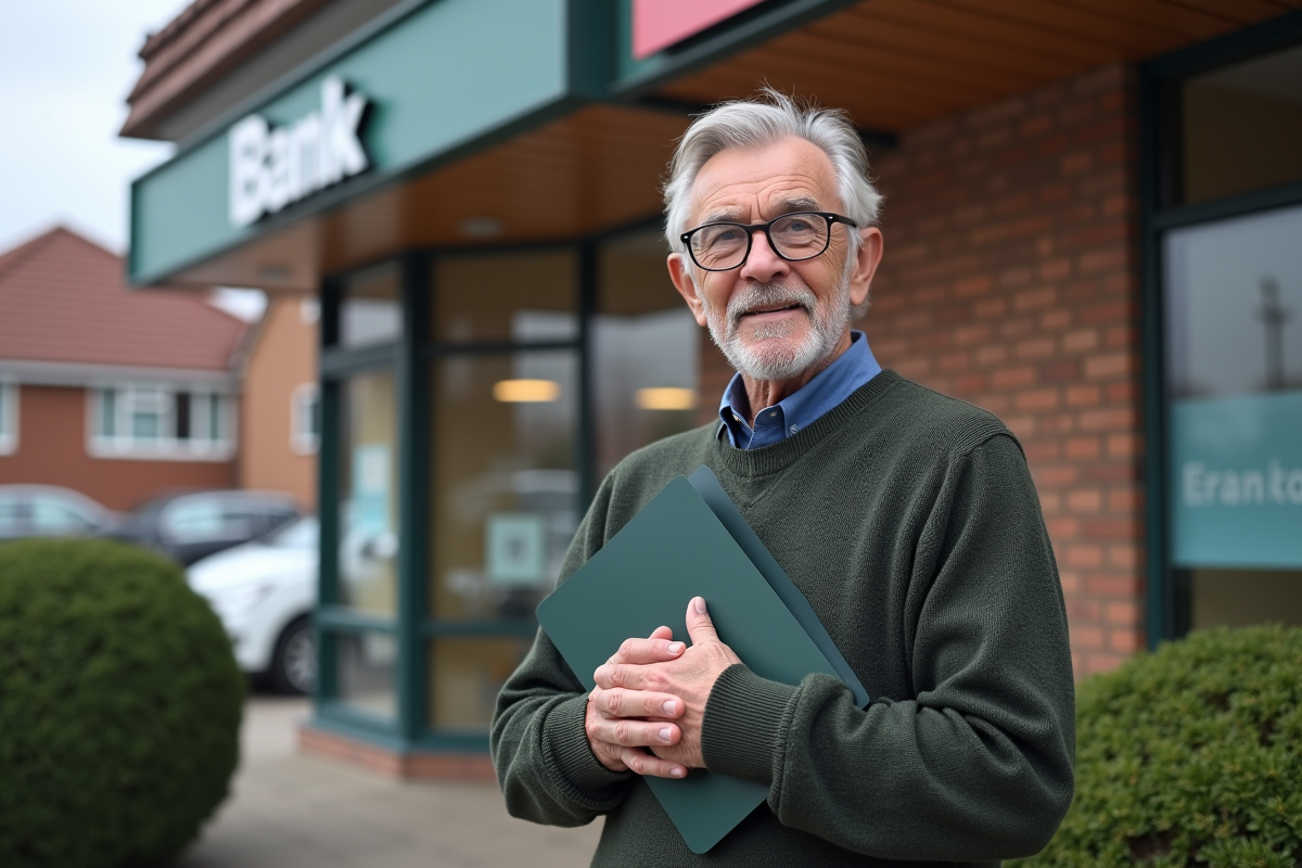 Homme âgé devant une agence bancaire en tenue casual