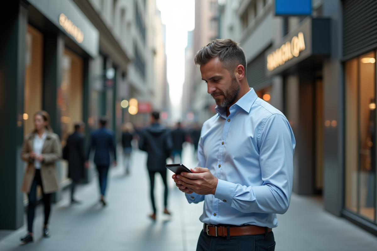 Homme d'âge moyen dans la ville vérifiant son téléphone