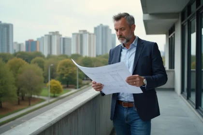 Homme d'âge moyen en blazer sur un balcon urbain