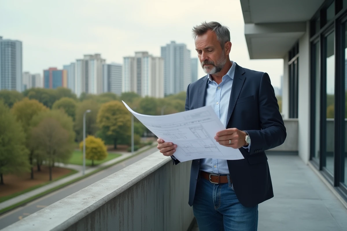 Homme d'âge moyen en blazer sur un balcon urbain