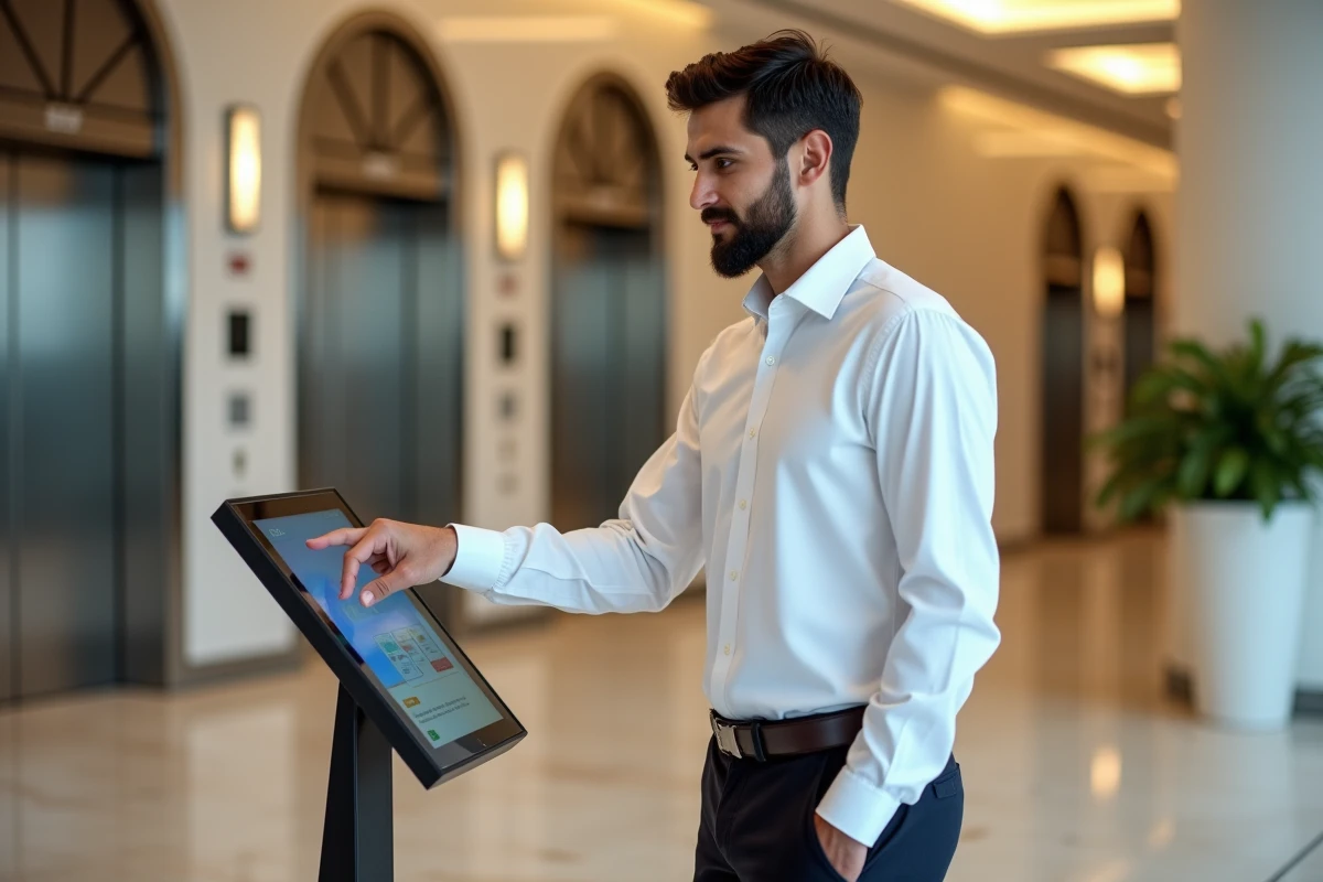 Jeune homme utilisant un écran tactile dans le lobby d