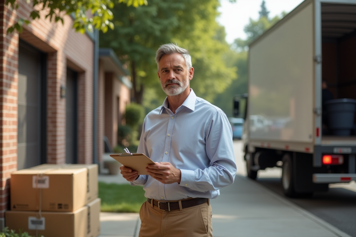 Homme notant des détails devant un camion de déménagement