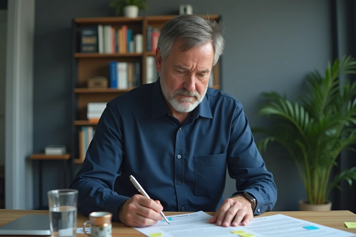 Homme consultant un contrat de location avec des annotations pour rédiger un préavis sans erreur