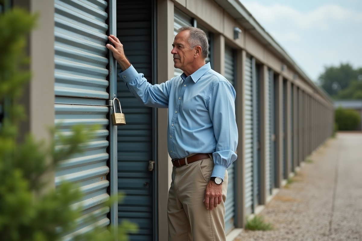 Homme verrouillant sa unité de stockage extérieure