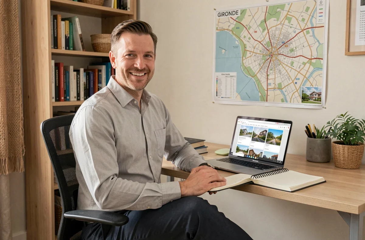 Mandataire IAD France en Gironde travaillant depuis un bureau à domicile avec des annonces immobilières sur ordinateur portable et une carte de la région