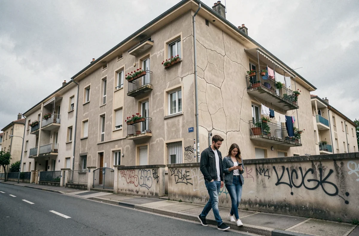 Immeuble résidentiel d'un quartier populaire de Montluçon avec couple de jeunes habitants dans la rue
