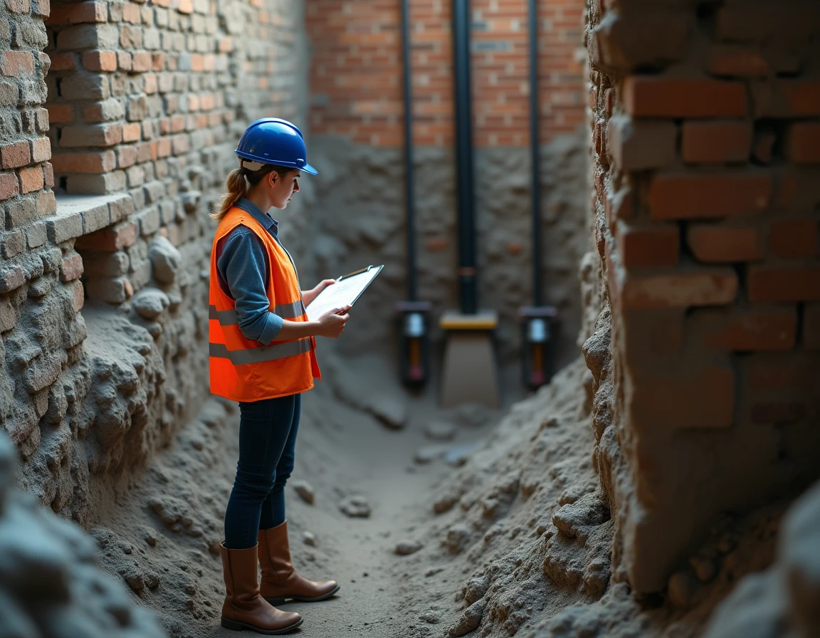 Ingénieure en structure consultant des plans techniques devant une fondation exposée avec vérins hydrauliques lors d'une reprise sous œuvre en sous-sol