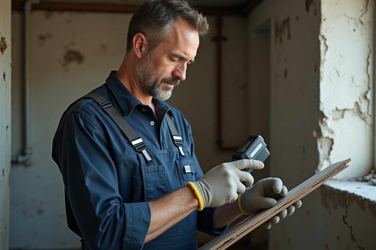 Hommes inspectant une isolation ancienne dans un appartement délabré