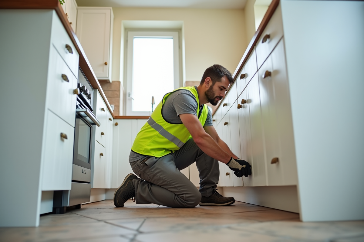 Ouvrier vérifiant plomberie sous évier de cuisine rénovée