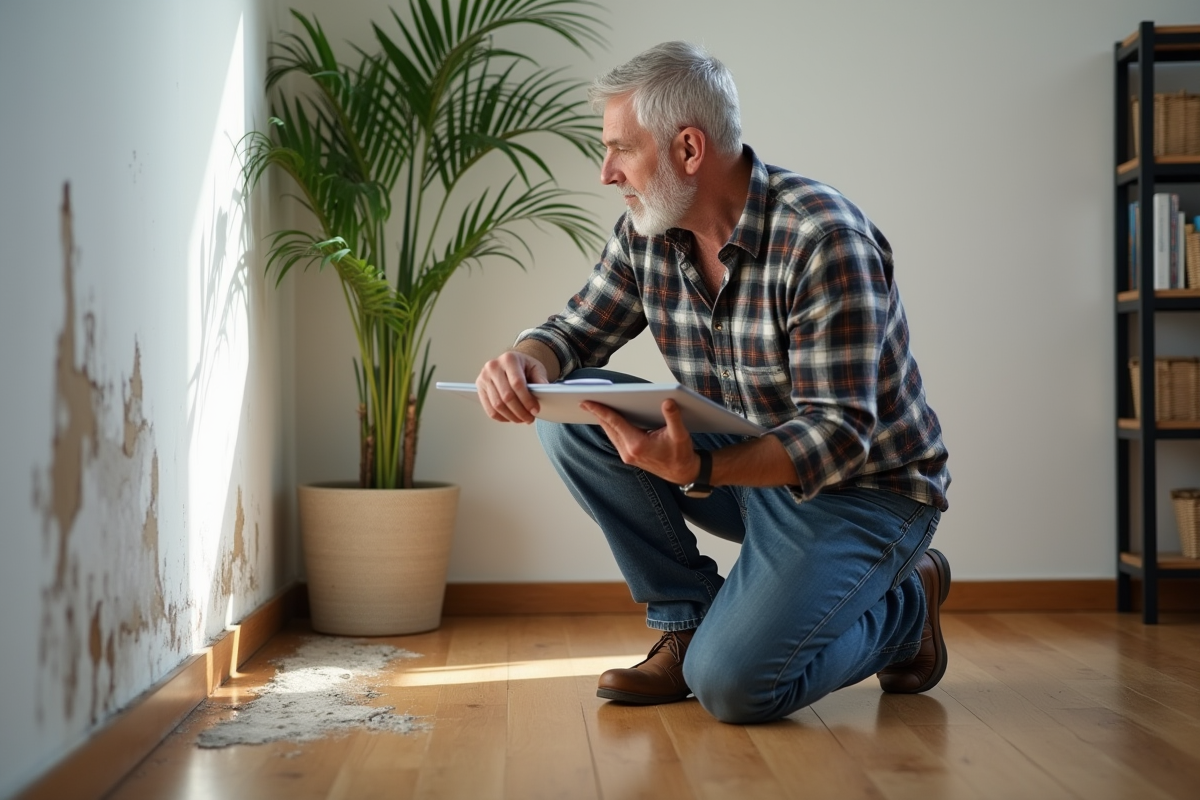 Homme inspectant des dégâts d'eau dans un salon