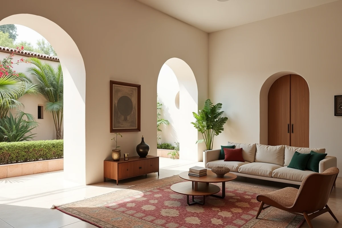 Intérieur d'un appartement rénové à vendre à Marrakech avec décoration traditionnelle marocaine et cour intérieure