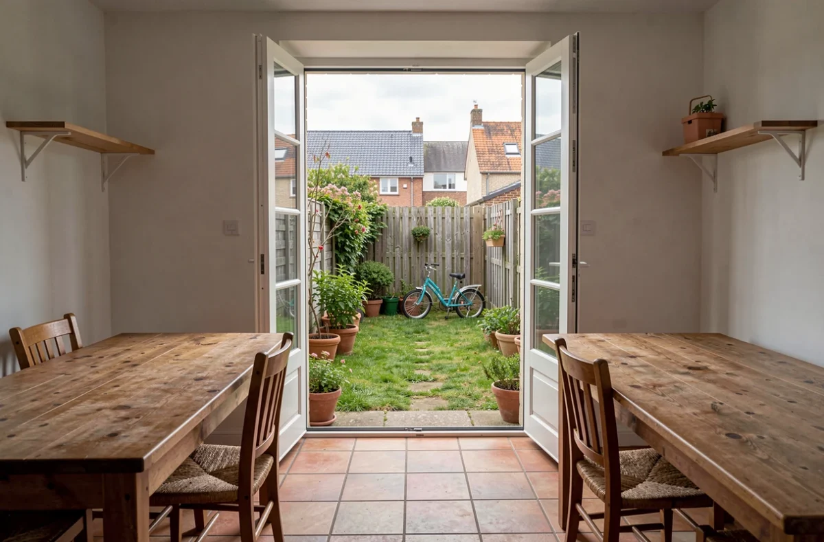 Intérieur d'une petite maison en location avec jardin dans le 27 Eure, vue sur l'extérieur proche des écoles
