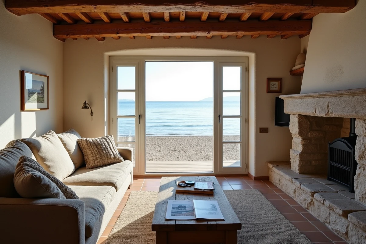 Intérieur d'une maison normande en bord de mer avec vue directe sur la plage depuis le salon