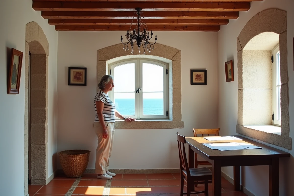 Femme visitant l'intérieur d'une maison de pêcheur à vendre au Portugal avec vue sur la mer et poutres apparentes