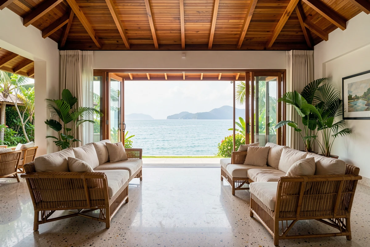 Intérieur de villa de luxe à Koh Samui avec vue mer depuis le salon ouvert sur la terrasse