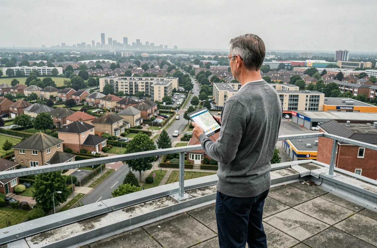 Investisseur immobilier observant le développement d'une zone périurbaine depuis une terrasse en hauteur avec vue sur la banlieue