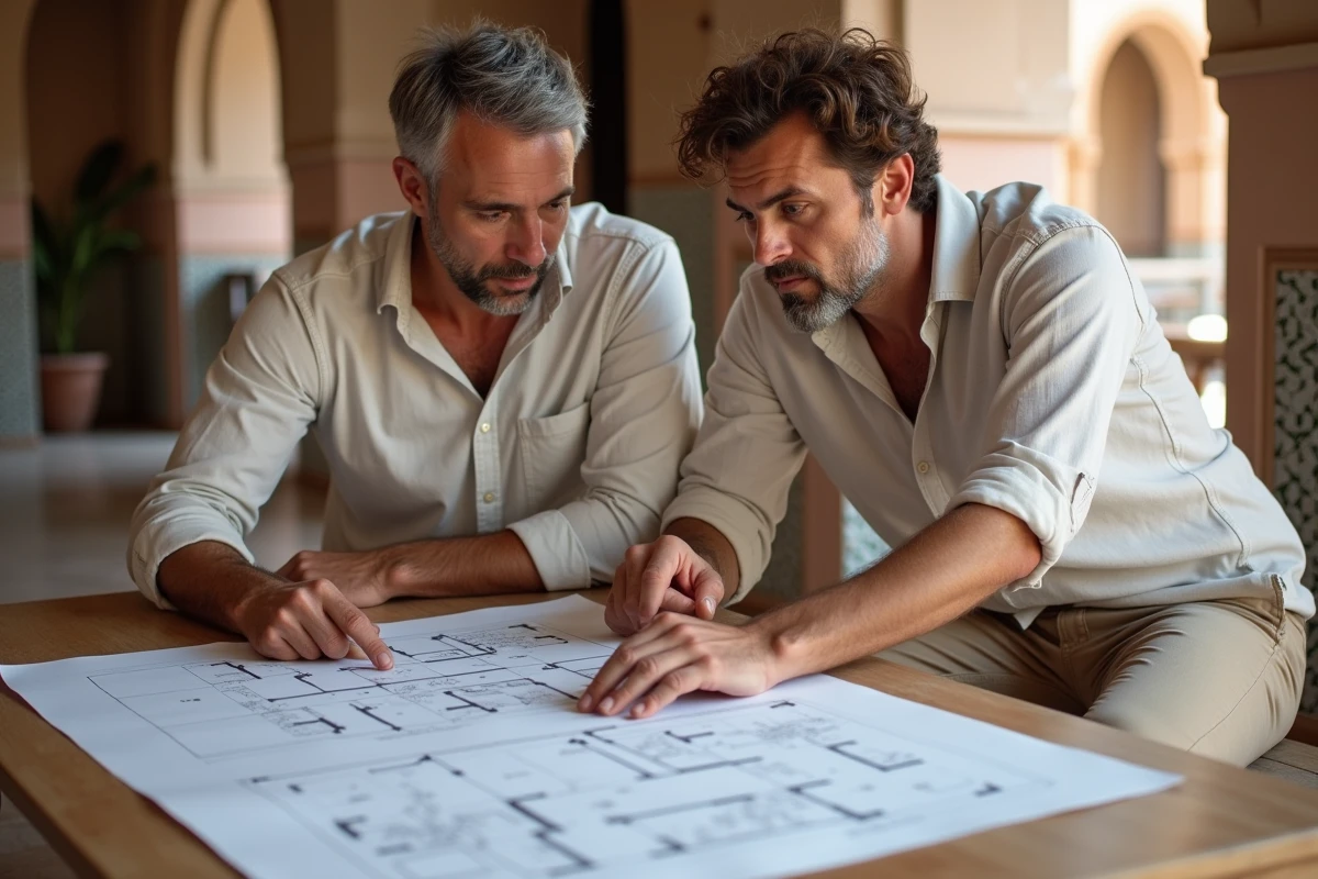Couple d'investisseurs étrangers étudiant des plans architecturaux dans un riad marocain traditionnel, représentant l'achat immobilier clé en main au Maroc
