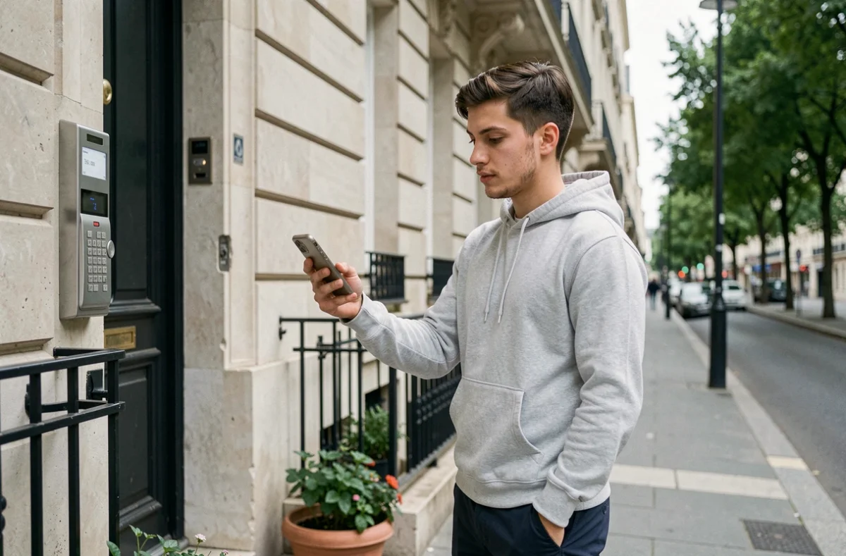 Jeune actif devant un immeuble résidentiel parisien consultant une annonce de location sur son téléphone avant une visite