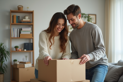 Jeune couple triant des cartons dans leur salon lumineux