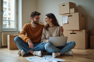 Jeune couple assis sur le sol en pleine préparation de déménagement