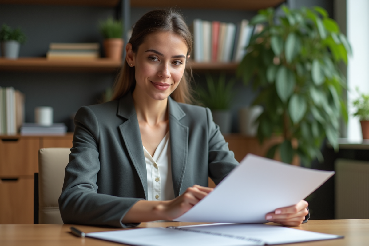 Jeune femme professionnelle examine un contrat dans son bureau