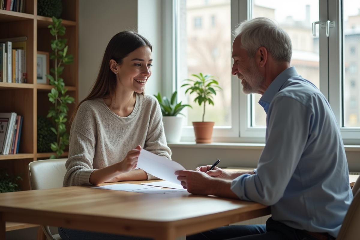 Jeune femme examinant un contrat de location avec un agent