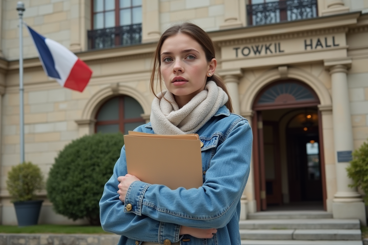 Jeune femme avec dossier devant une mairie française ancienne