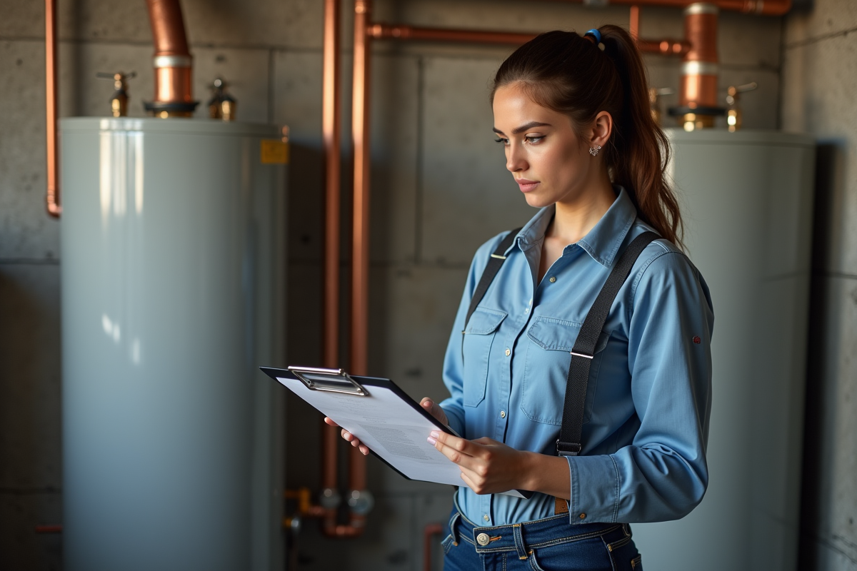 Jeune femme plombier vérifiant une checklist près d