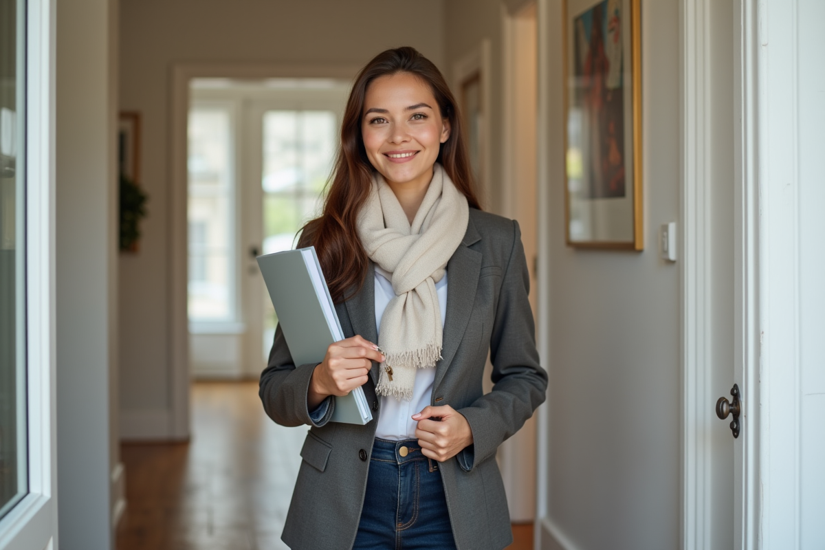 Jeune femme souriante devant un appartement moderne