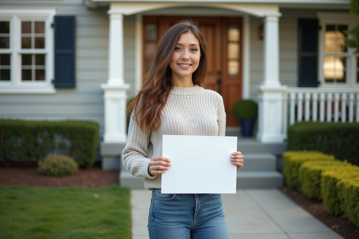 Jeune femme souriante tenant une pancarte maison à vendre devant une maison