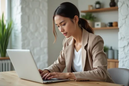 Jeune femme en tenue smartcasual travaillant sur un laptop dans un appartement moderne
