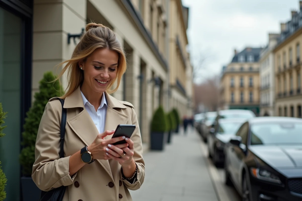 Jeune femme en trench beige souriant avec immeuble moderne